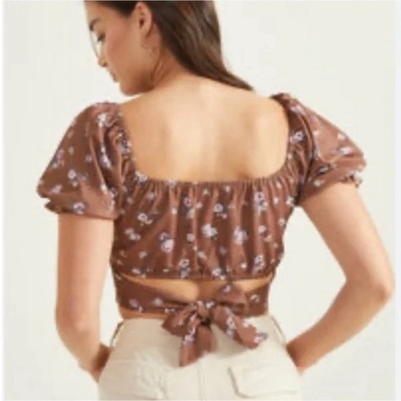 Altar'd State Jordan Brown Floral Puff Sleeve Crop-Top - Picture 2 of 5